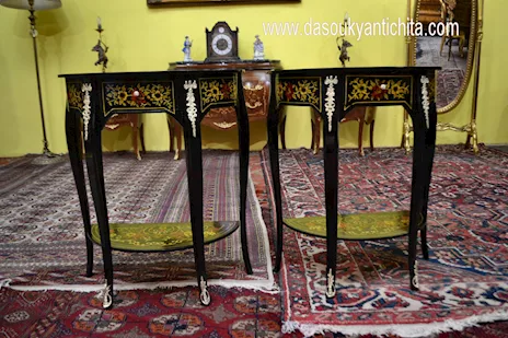 Coppia di tavolini - console ebanizzati mezzo giro, in legno - Foto 2
