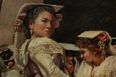 Quadro olio su tela di dame con cornice coeva legno scolpito - Foto 2