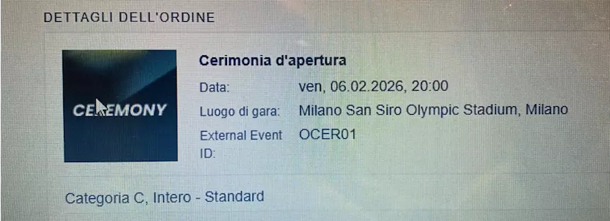 Due biglietti cerimonia d'apertura Olimpiadi 2026