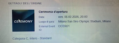 Due biglietti cerimonia d'apertura Olimpiadi 2026
