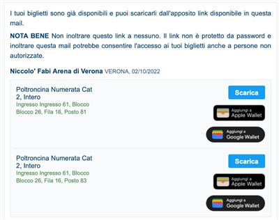 2 BIGLIETTI CONCERTO NICCOLÒ FABI - ARENA DI VERONA