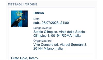 N.2 biglietti ULTIMO prato GOLD 08/07/23 ROMA