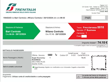 Biglietti TRENO Freccia Business Bari-Milano 28/12/24 h 9:30