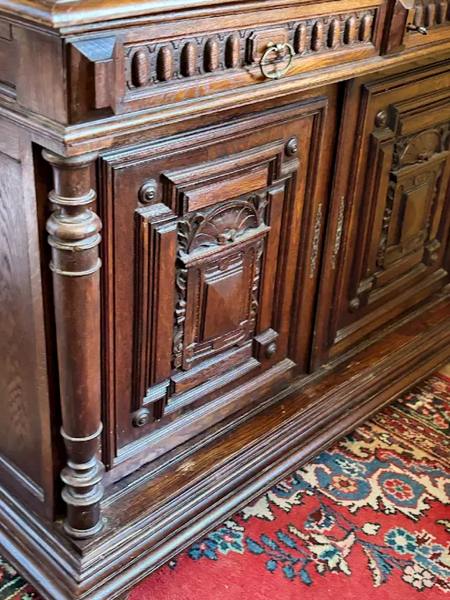 Antica credenza doppio corpo stile Neorinascimentale del 900, in legno massello - Foto 4