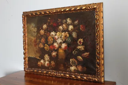 Antico dipinto olio su tela vaso fiori natura morta