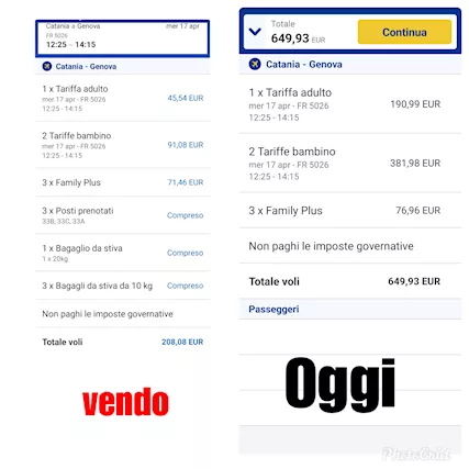 3 biglietti Catania - Genova 17/4