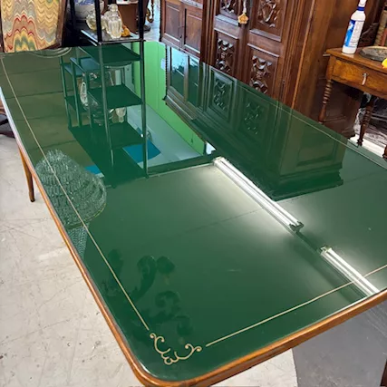 Tavolo modernariato anni 60 con piano in vetro verde dipinto, in legno - Foto 6