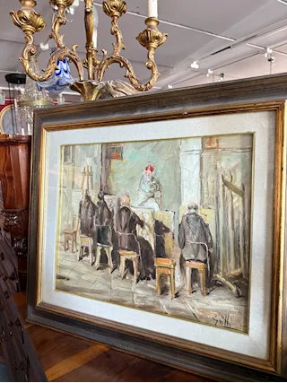 Dipinto olio su tela frati artisti in atelier