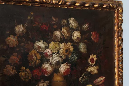 Antico dipinto olio su tela vaso fiori natura morta, in legno - Foto 6