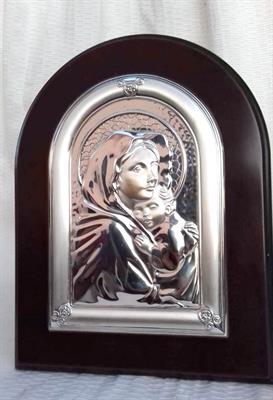 Madonna con bambino in ARGENTO su tavola di Legno