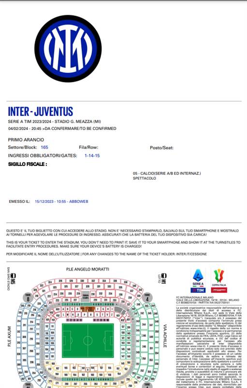 2 biglietti INTER JUVE 4 - 02 - 2024 I anello Poltrona Arancio