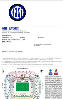 2 biglietti INTER JUVE 4 - 02 - 2024 I anello Poltrona Arancio