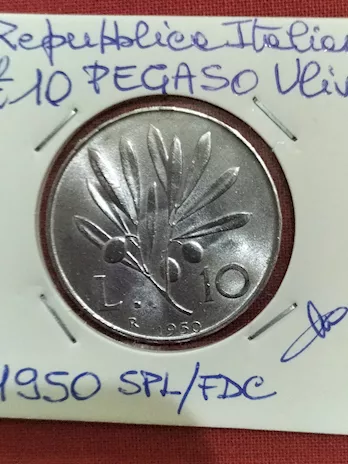 Moneta da collezione lire 10 Pegaso Ulivo 1950 SPL/fdc