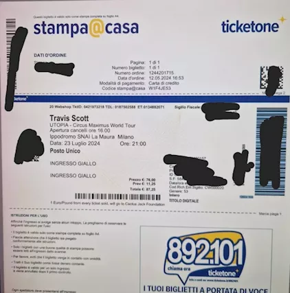Due biglietti concerto Travis Scott a Milano