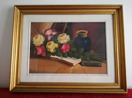 Quadro natura morta vaso fiori e libro