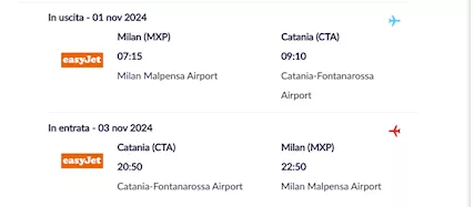 Biglietto aereo EasyJet Milano-Catania A/R