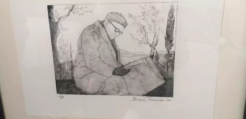 Litografia di Enrico Fornaini - vecchio che legge