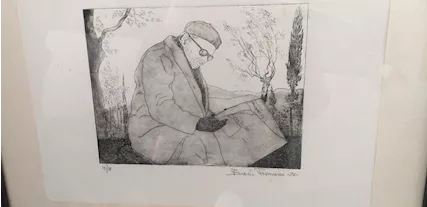 Litografia di Enrico Fornaini - vecchio che legge