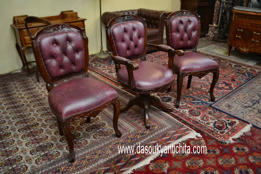 Trittico di poltrone da studio stile inglese Vittoriano, in legno - Foto 4