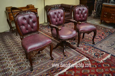 Trittico di poltrone da studio stile inglese Vittoriano, in legno - Anteprima 4