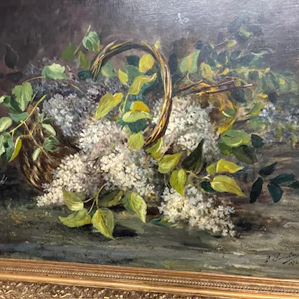 Antica coppia di dipinti olio su tela fiori epoca 1892 - Foto 6
