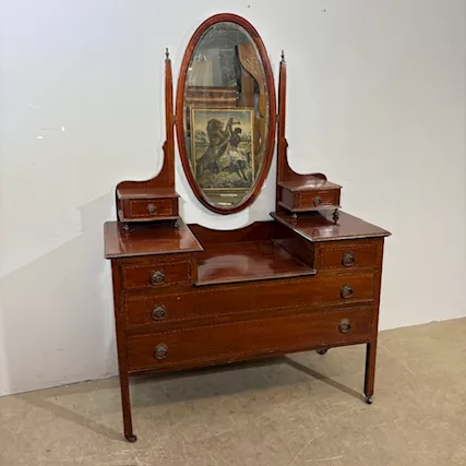 Antica cassettiera toilette inglese mogano e intarsi XIX sec