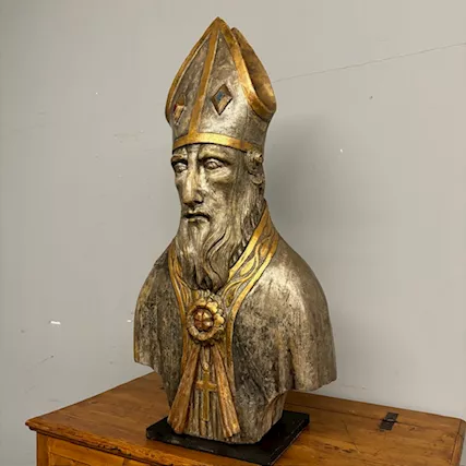 Antico grande busto scultura San Nicola XVII sec argento e