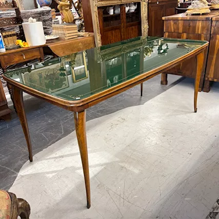 Tavolo modernariato anni 60 con piano in vetro verde dipinto