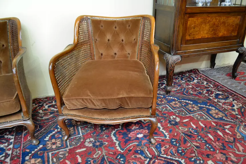 Salotto completo in noce e paglia di Vienna stile Luigi XV, color tabacco - Foto 5