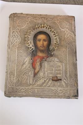 Antica Icona in argento e dipinto Cristo benedicente XIX sec