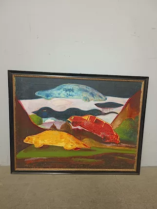 Dipinto arte contemporanea Giganti 1988, mis h67, l86, p4