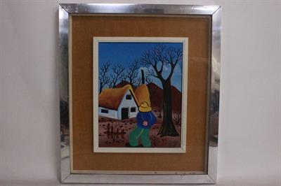 Quadro tempera su tela con cornice, paesaggio, firma Kocovic