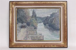 Quadro paesaggio di fiume, olio su tela, firmato Recanzone