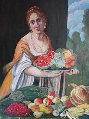 Dipinto olio su tavola, Donna venditrice di frutta, in legno - Foto 3