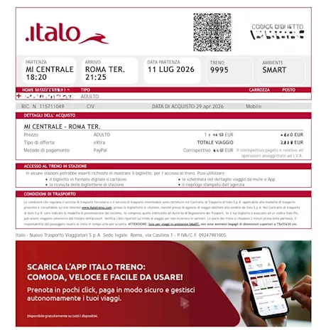 Biglietto Italo Milano-Roma 11 luglio
