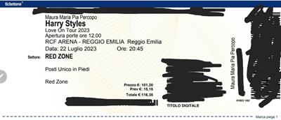 Biglietto Harry Styles 22/07 Reggio Emilia Red Zone