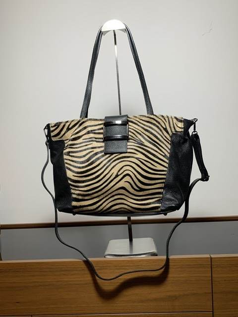 Borsa pelle e cavallino animalier, color argento brunito