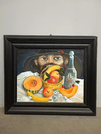 Olio su cartone Uomo Mangiafrutta arte contemporanea XX