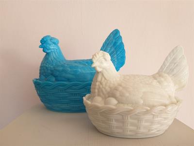 Vetro antico - coppia di rare galline in vetro
