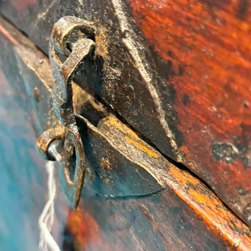 Antico baule cassapanca tibetana XIX sec - Foto 8