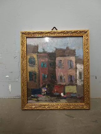 Dipinto olio su tela, XX sec., Scorcio di città. Mis h27
