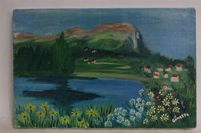 Quadro olio su tela, paesaggio di lago montano, con firma