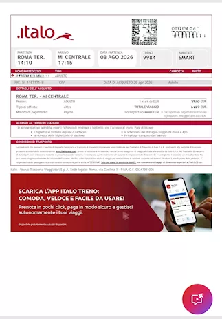 Biglietto Italo Roma-Milano 8 agosto