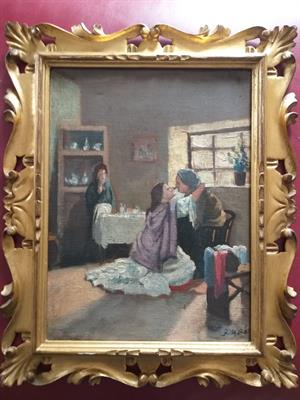 Dipinto macchiaiolo Scena di interno con bacio
