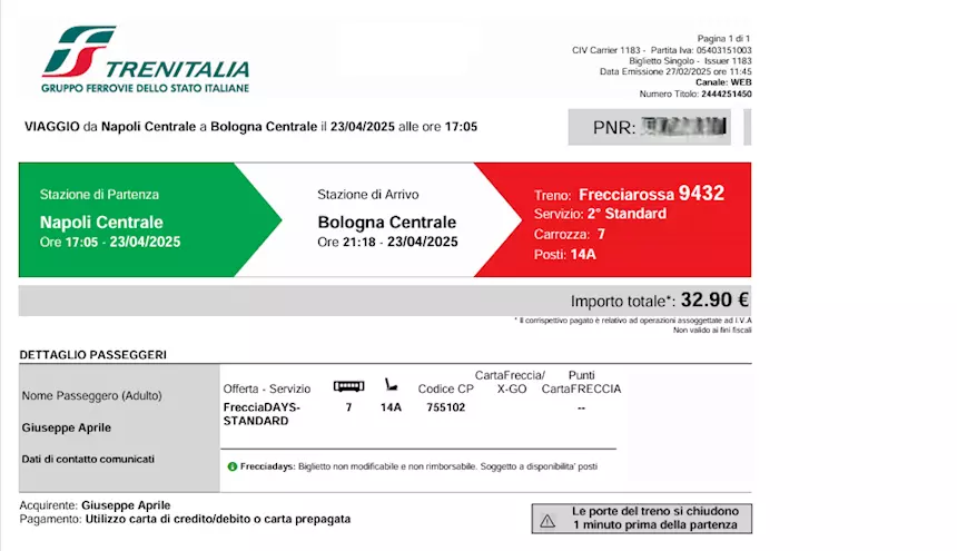2 biglietti treno Napoli Bologna 23 aprile 2025