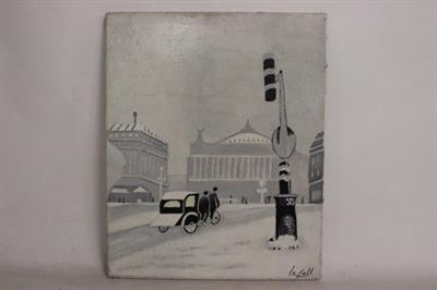 Quadro olio su tela di città con neve, firmato