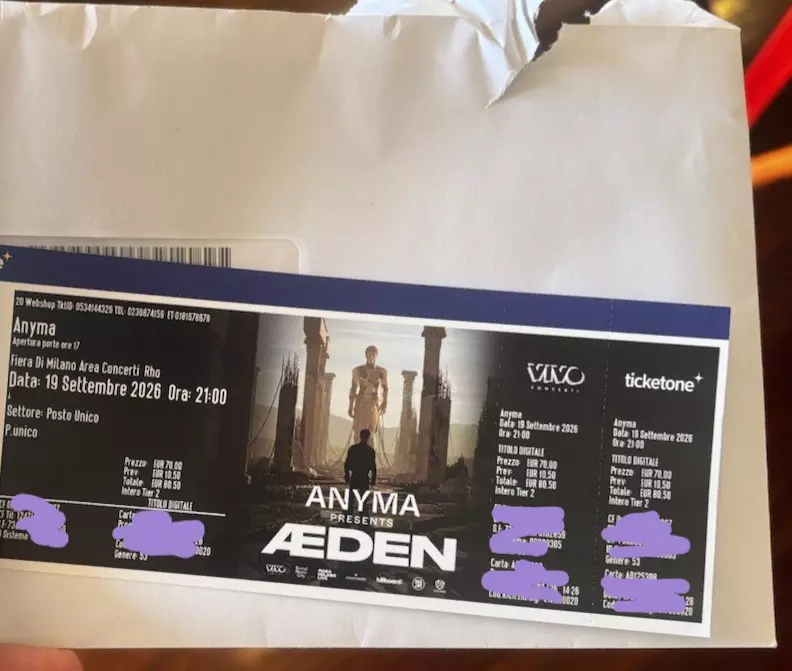 Due biglietti concerto Anyma Vendo a Milano