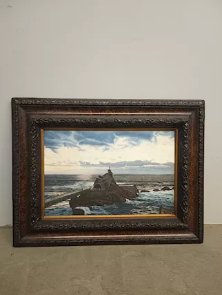 Antico dipinto 1940, olio su tavola, raffigurante marina.