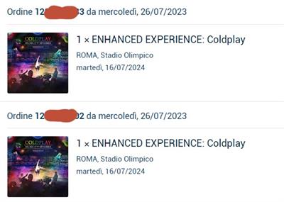 2 Biglietti PRATO VIP - Coldplay 16 Luglio 2024 Roma