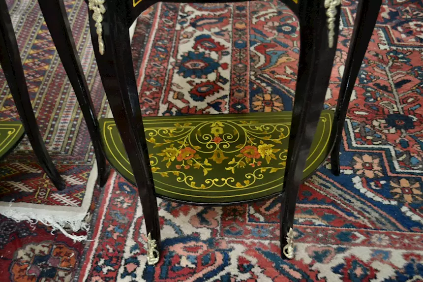 Coppia di tavolini - console ebanizzati mezzo giro, in legno - Foto 7